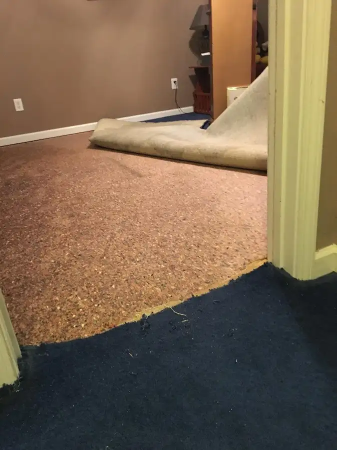 Carpet pad removal revealing water damage during Drying & Dehumidification in Alpena